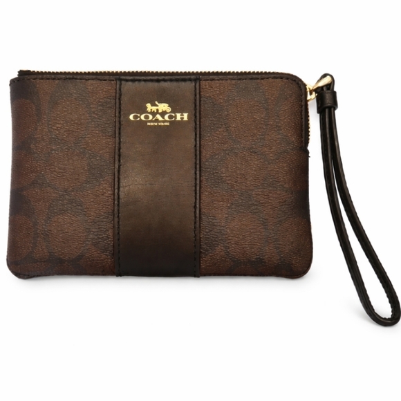 Coach Handbags - Coach Brown Signature Stripe Corner Zip Wristlet – Style C278